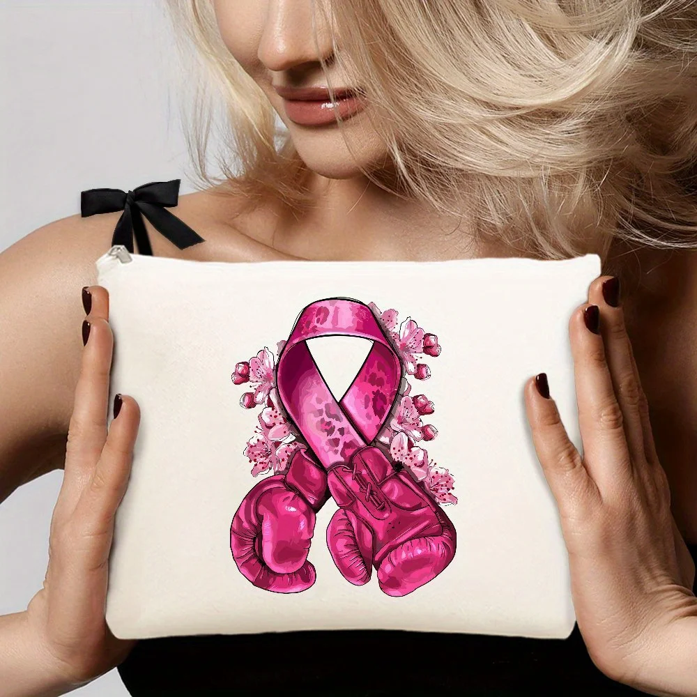 Breast Cancer Awareness Canvas Makeup Bag with Pink Boxing Glove Print Fashion Toiletry Pouch Women, Zippered Cosmetic Organizer