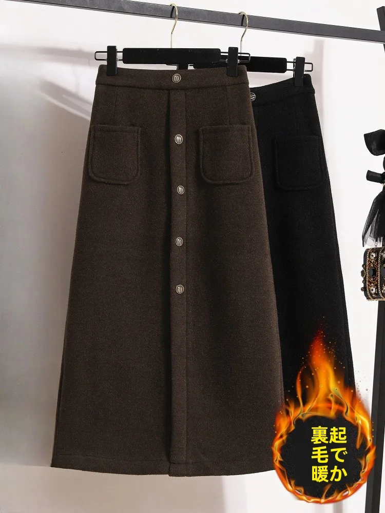 Woolen Fleece Lined A-Line  Skirt for Women Spring Autumn High Waist Korean Style Long Skirts Elegant plus Size