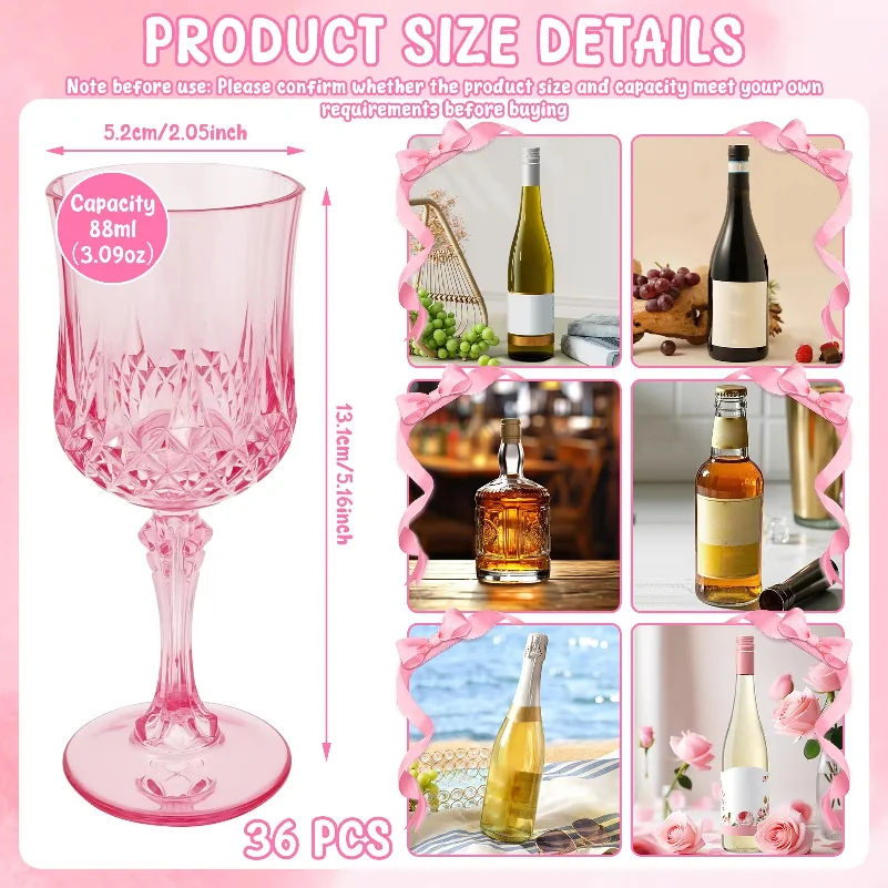 12/24/36Pcs Plastic Champagne Flutes Reusable Wine Glasses Elegant Pink Champagne Flutes for Wedding Party Wine Bar Easy Clean