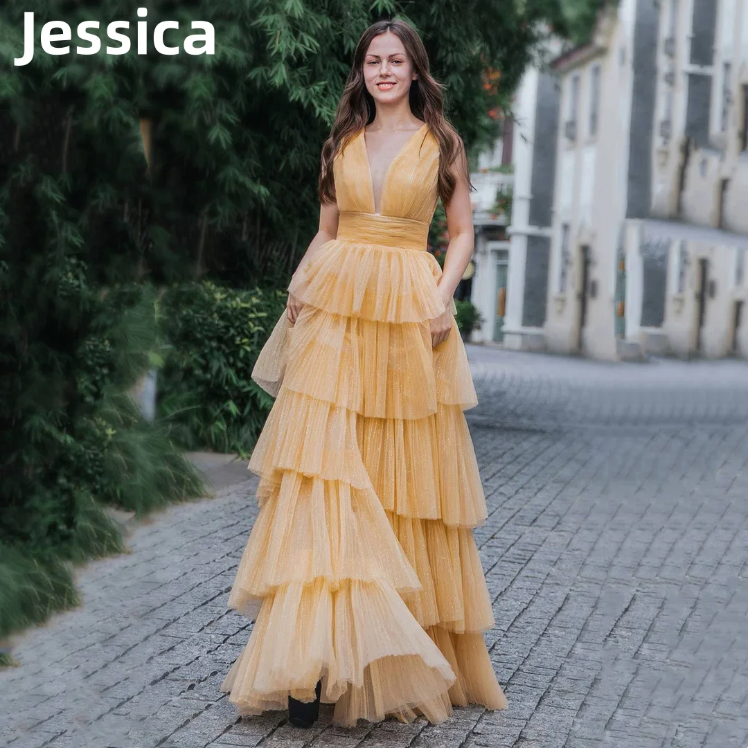 

Jessica Light Yellow Prom Dresses V-neck Tulle Multi-layer Fairy Evening Dress Wedding Party Dress Custom Dress فساتين السهرة