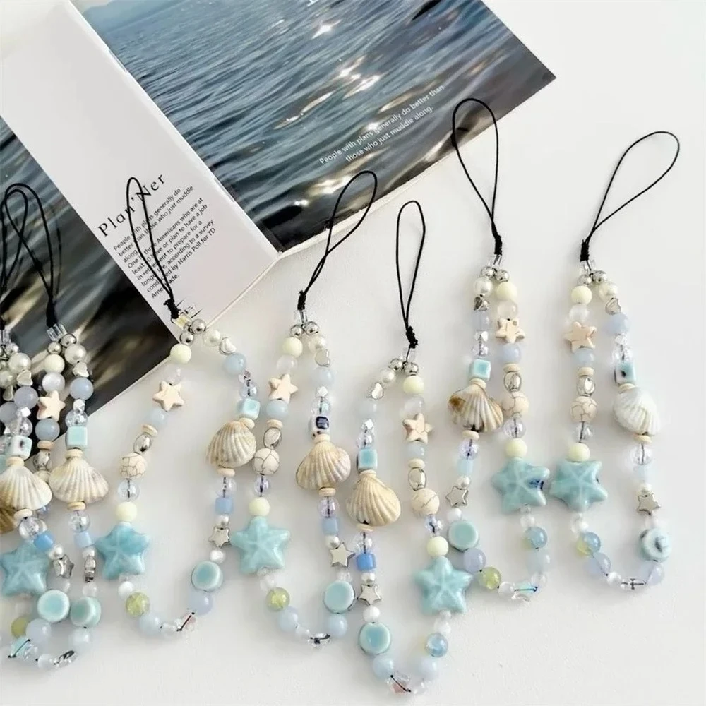 

Синяя звезда, ракушка, бисер, ремешок для телефона, милый очаровательный ремешок для телефона, брелок для ключей, женская сумка для девочек, подвеска, цепочка «сделай сам», для чехла для iPhone