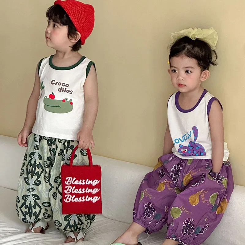 MILANCEL New Summer Kids Clothes Set 1-9T Full Printed Fruits Girls Vest +Casual Pants Thin Loose Cartoon Children Outfit 2PCS