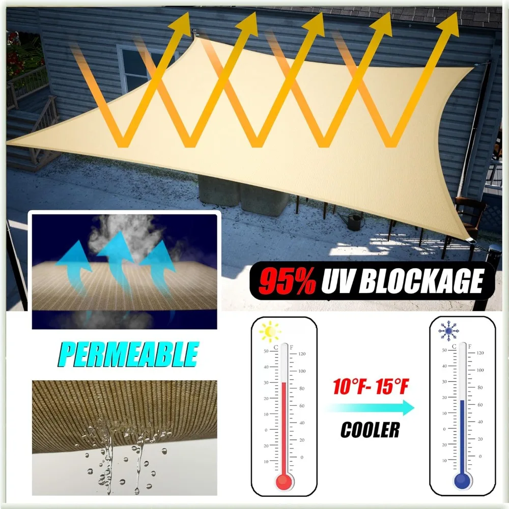 15' x 17' x 22.7' 200GSM Sun Shade Sail UPF50+ 95% UV Blockage Water & Air Permeable Canopy Awning