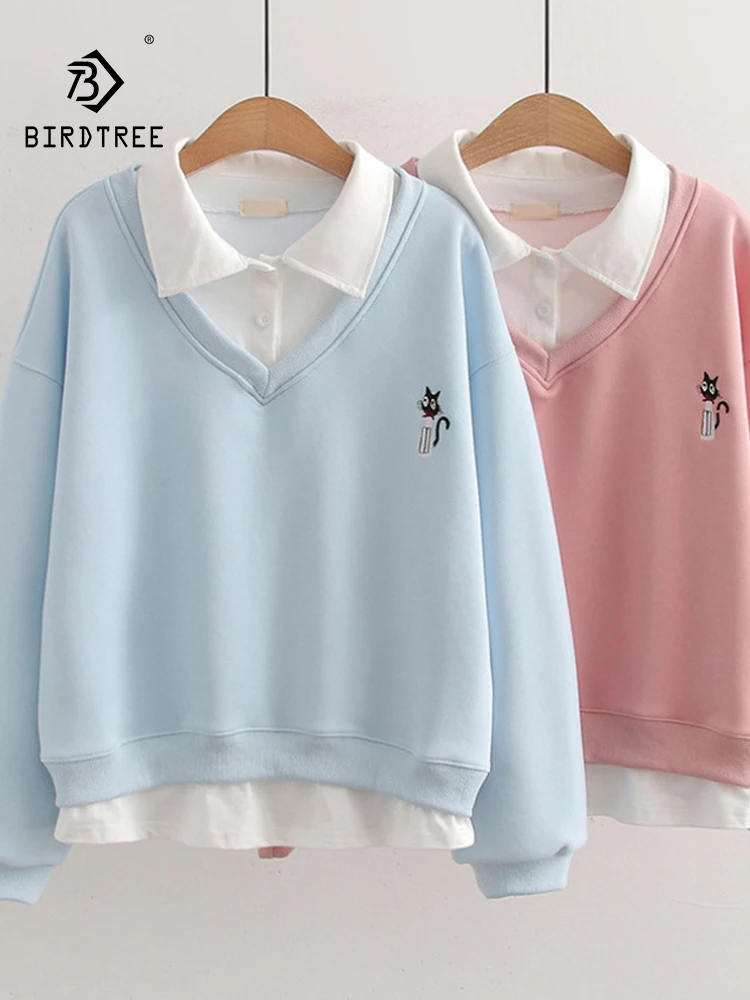

New 2025 Winter Cotton Women Pullover Sweatshirt, Long Sleeve Cat Embroidery, Mori Girl Sweet Loose Fake 2 Pieces Top C5N722CC