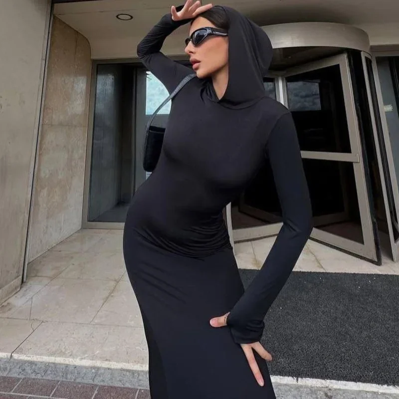 Women Spring and Summer Solid Slim-fit Base Dress Bodycon Dress Individuality Casual Hoodie Long Dress Long Sleeve Chic Clothing