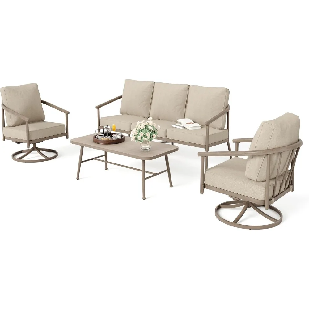 Patio furniture set, 2 upholstered swivel chairs, 3-seater sofa with wood grain coffee table, Windsor style outdoor sofa