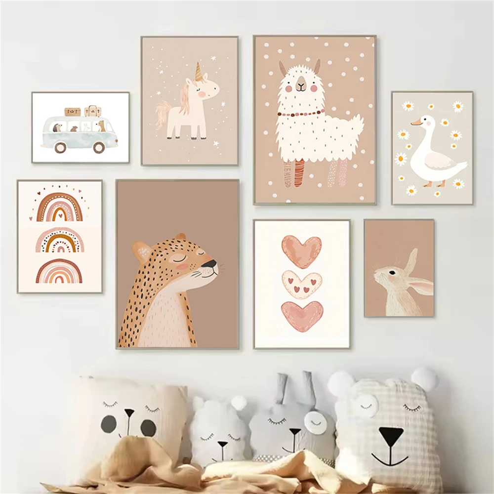Cartoon Boho Alpaca Duck Unicorn Leopard Daisy Rainbow Nursery Wall Art Canvas Painting Posters And Prints Baby Kids Room Dec