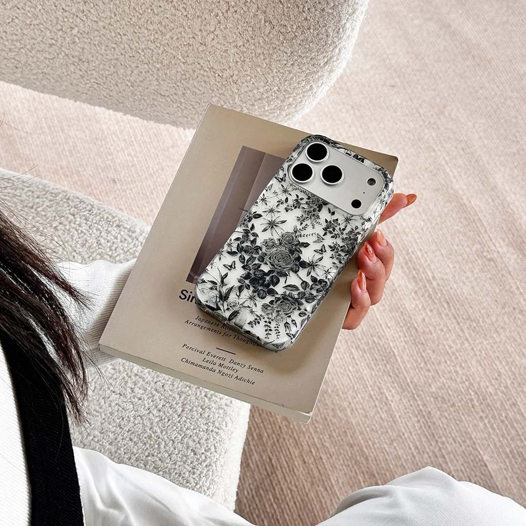 الحد الأدنى الفن أسود أبيض طلاء حبر خط الزهور للصدمات واقية غطاء الهاتف القضية آيفون 17 16 15 14 برو ماكس