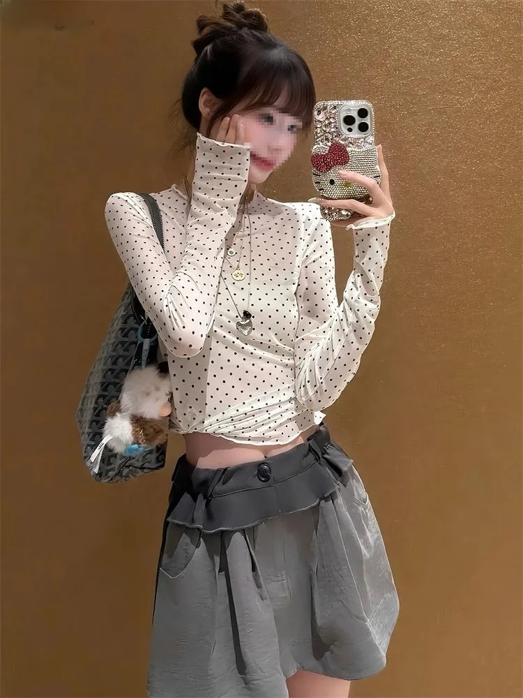 Korean Style Polka Dot Print round Neck Sleeve  Light Thin Base Women's Top 2026 Autumn New Arrival Commute Style Slim Fi...