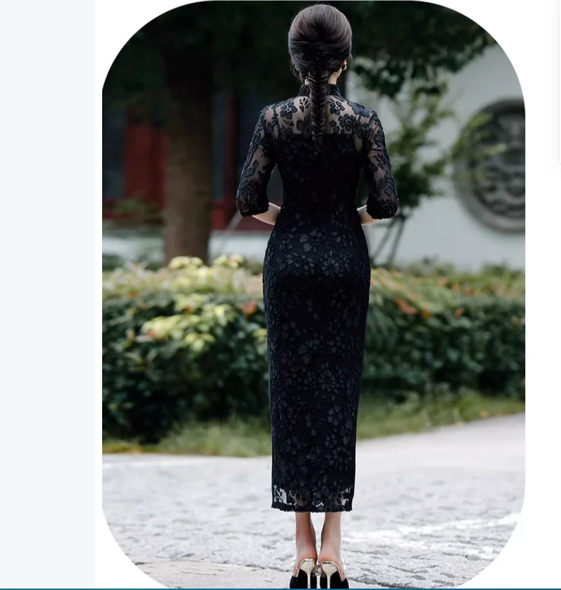 Improved version of black seven quarter sleeve velvet cheongsam women's slim fit Chinese style dress