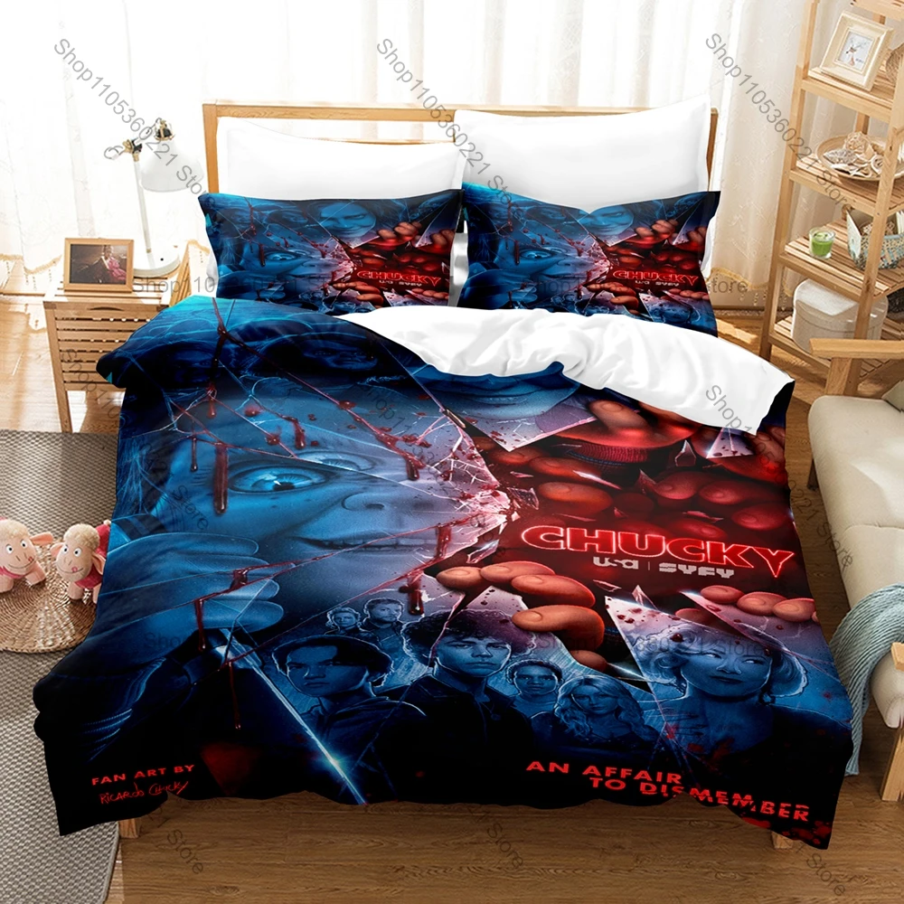 Horror Movie Chucky Bedding Set Duvet Cover + 2 Pillowcases Killer Doll Halloween Scary Horror Bedroom Decor