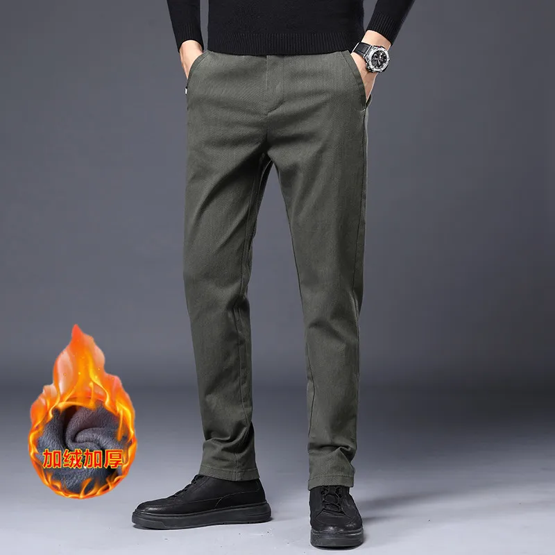 

Thickened and Warm Men's Slim-fit Trousers Made of 65% Cotton, Solid Color Business Casual Plus Velvet Autumn and Winter Pants