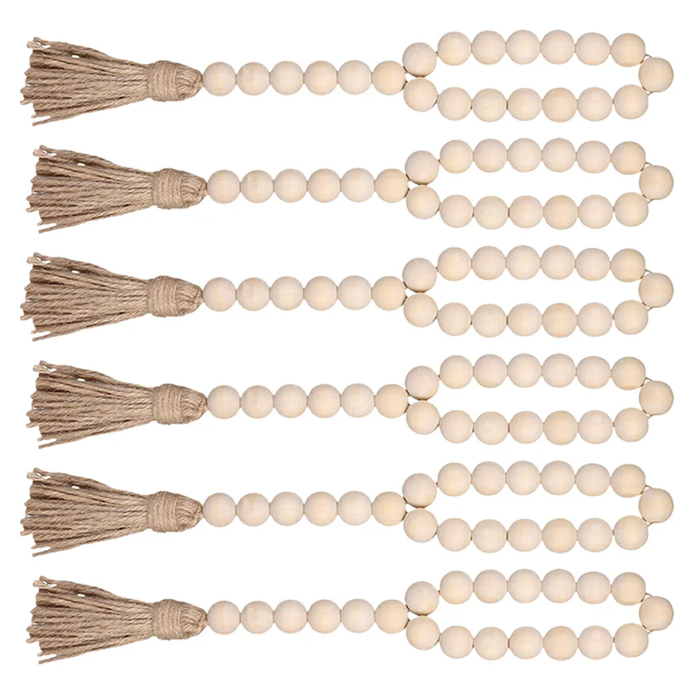 

6pcs Wooden Bead Garland With Tassels Round Beaded Hanging Ornament For Home Wall Decor Rustic Wood Beads String Coffee Bar