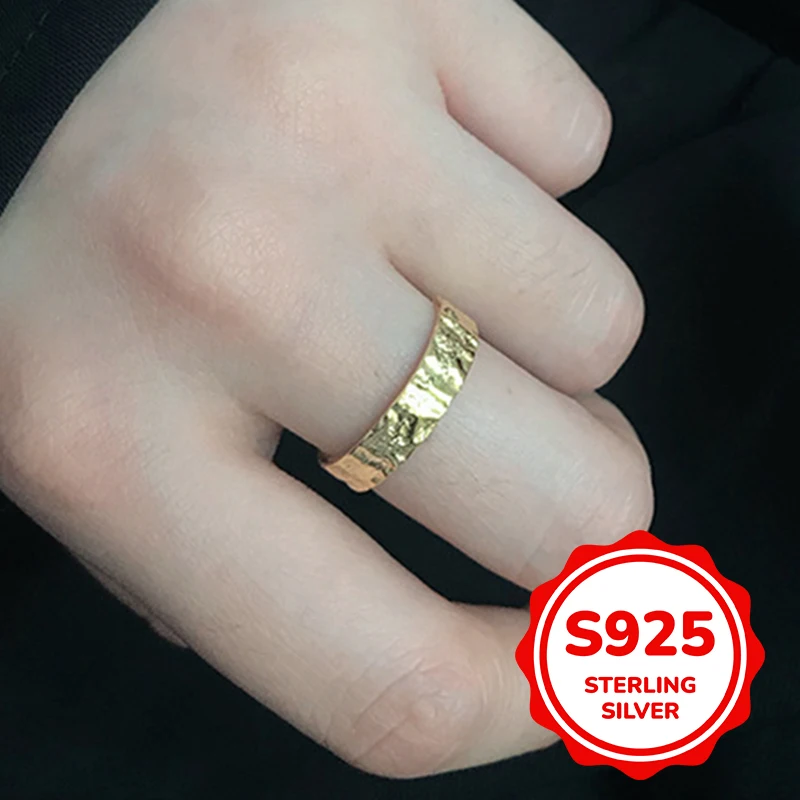 

S925 sterling silver irregular concave and convex wide face tin foil pattern personalized ring trendy fashion classic versatile