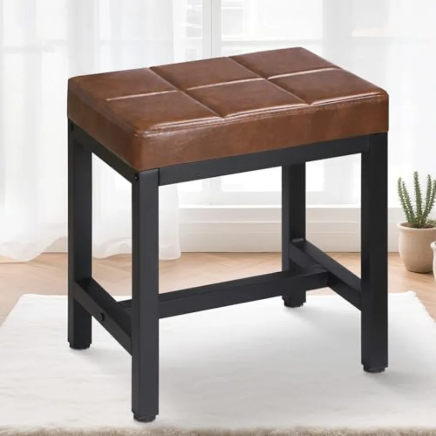 Vanity Stool Vanity Chair for Makeup Room Square Faux Leather Small Ottoman Foot Stool with Metal Legs Modern Makeup Chair for