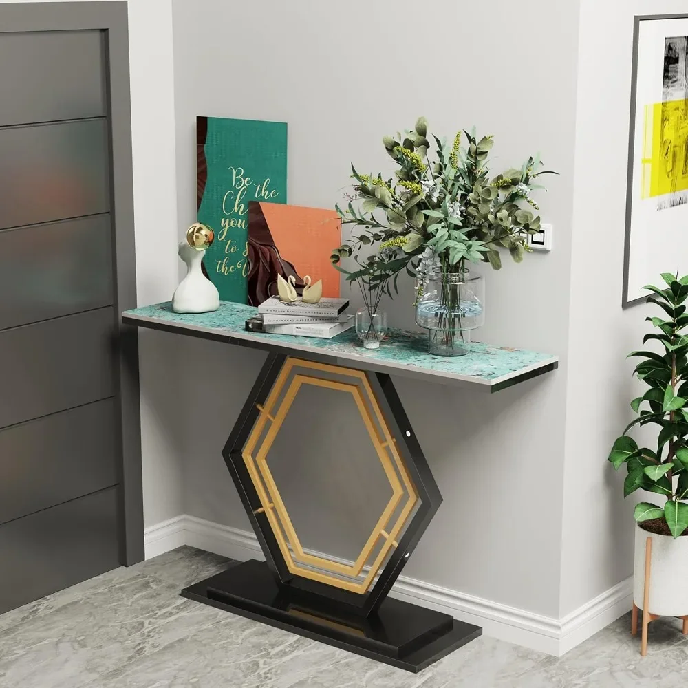 Sintered Stone Console Table: Green Entryway Table with Hexagonal Frame - Long Narrow Sofa Side Table for Hallway