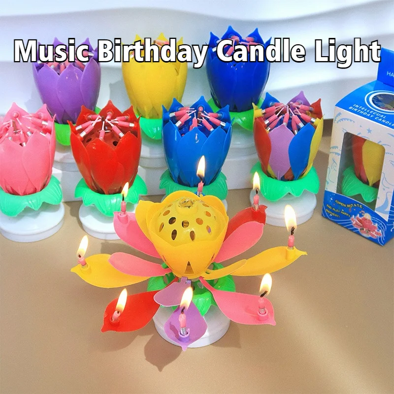 

New Music Candles Rotating with Happy Birthday Song Lotus Birthday Party Double Layer Colorful Lotus Lamps Candle Set for Party