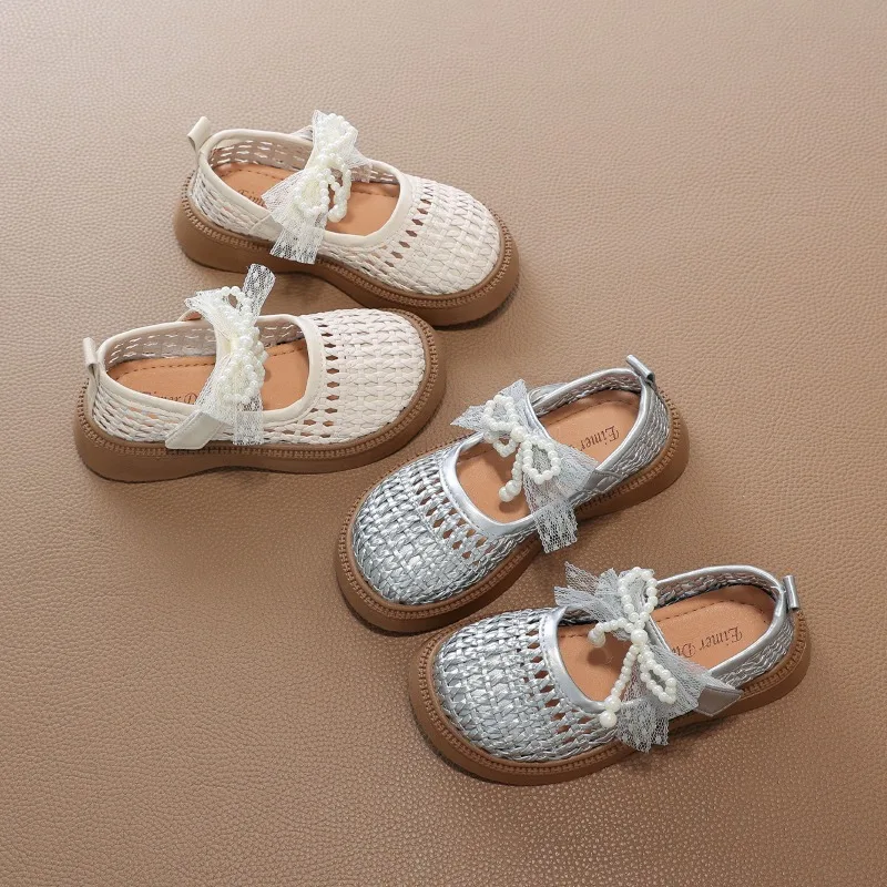 Girls Weave Sandals with Lace Bow-knot Breathable Kids Hollow Out Mary Jane Shoes Children Summer Princess Shoes 2026 New