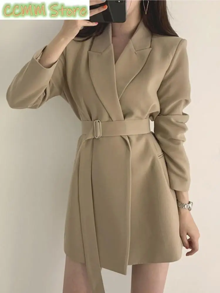 

Women Korean Elegant Blazers With Belt Spring Vintage Notched Lapel Slim Solid Outerwear Office Lady Casual Coats Mujer Clothes