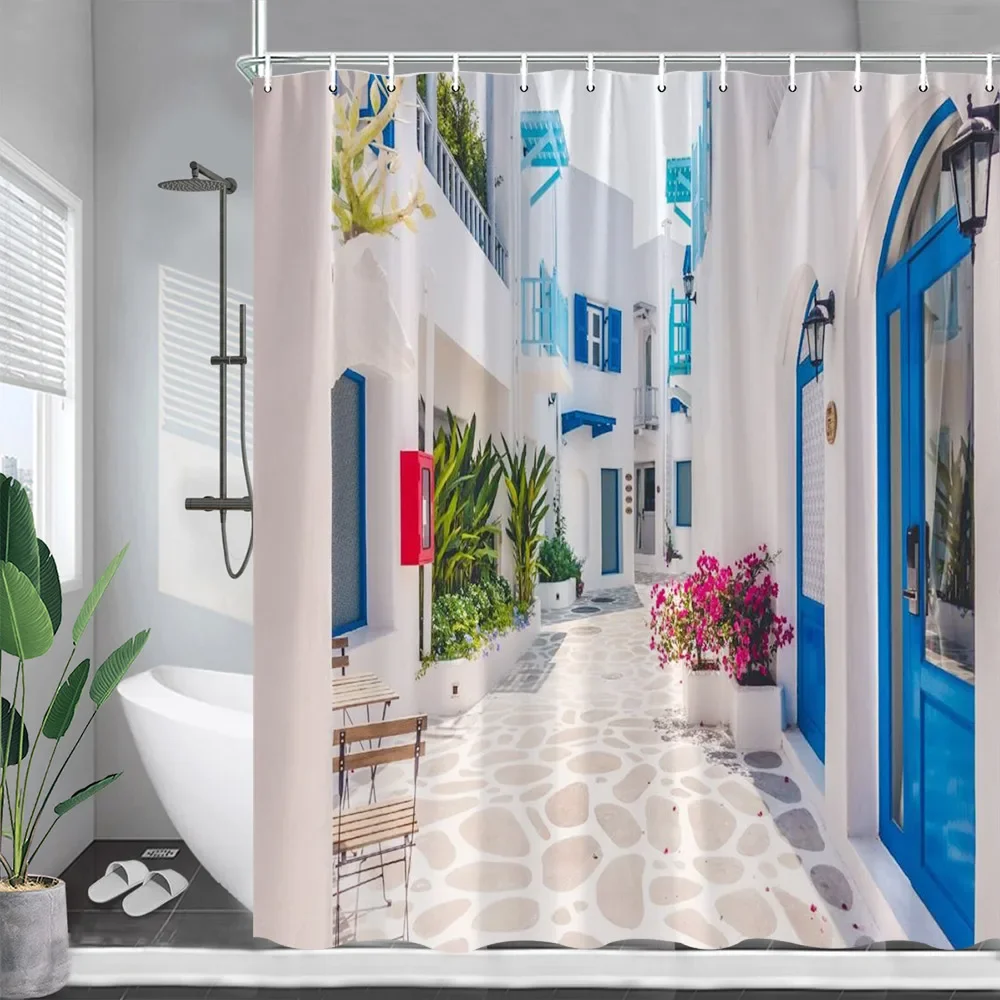 Greek Street Shower Curtains Blue Wooden Door White Architectural Plants Flowers Wall Hanging Bathroom Curtain Decor with Hooks