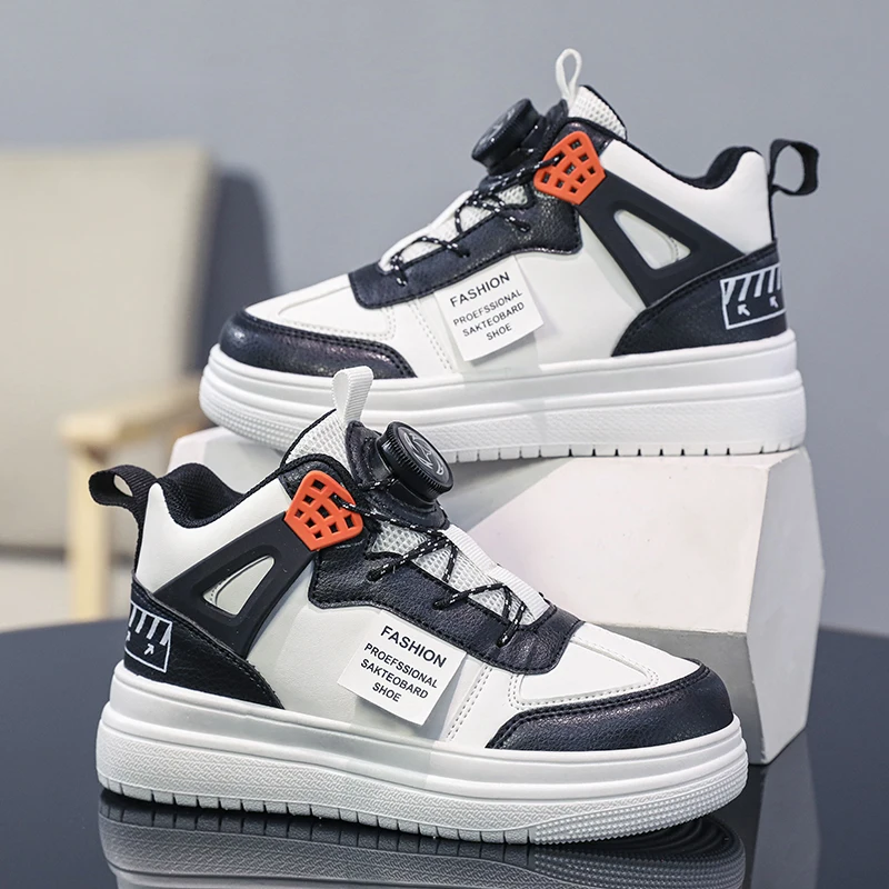 

Children's Shoes Boys 2025 new children's sports shoes Big children boys rotary button leather casual high top board shoes