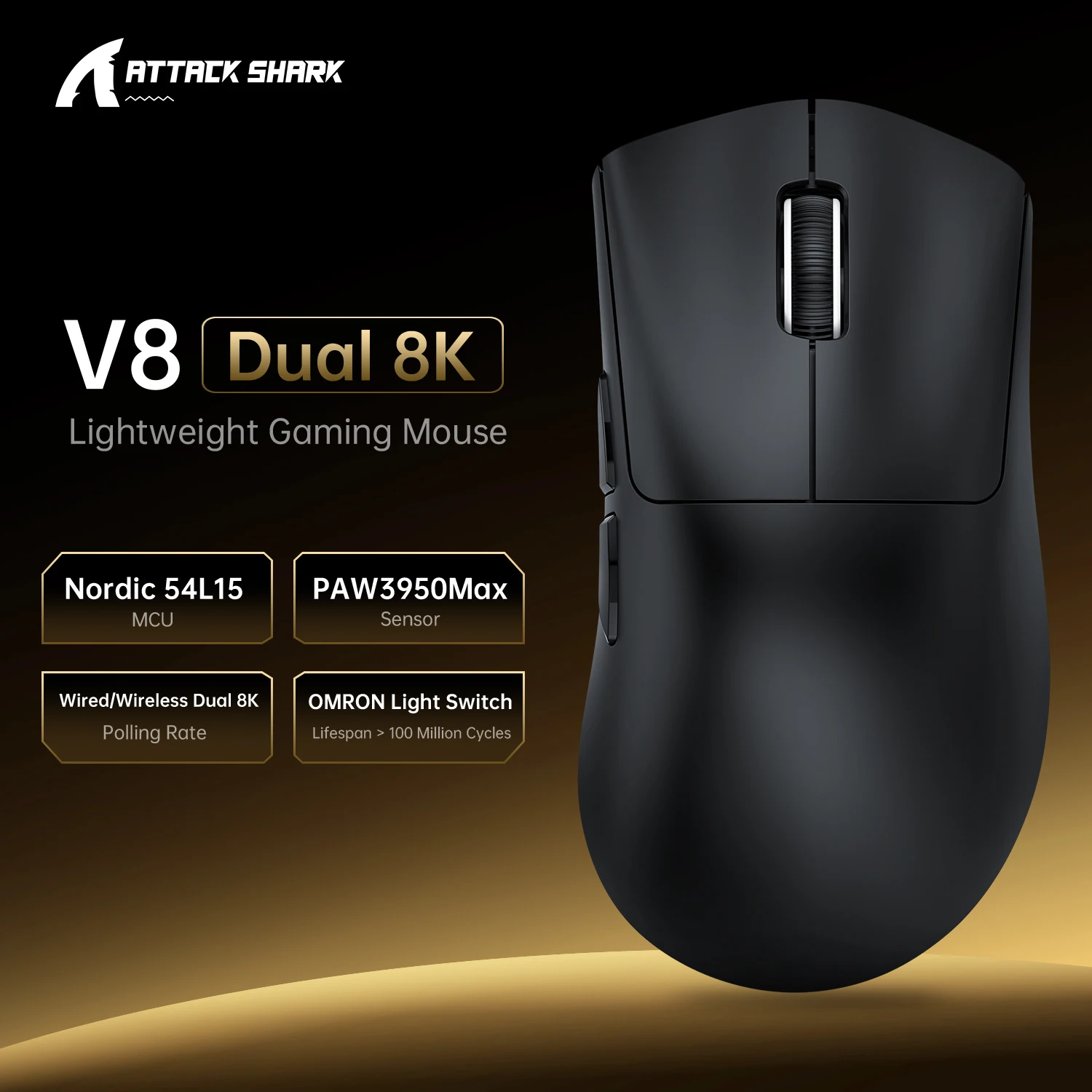 ATTACK SHARK V8 デュアル8Kゲーミングワイヤレスマウス、PAW3950MAX