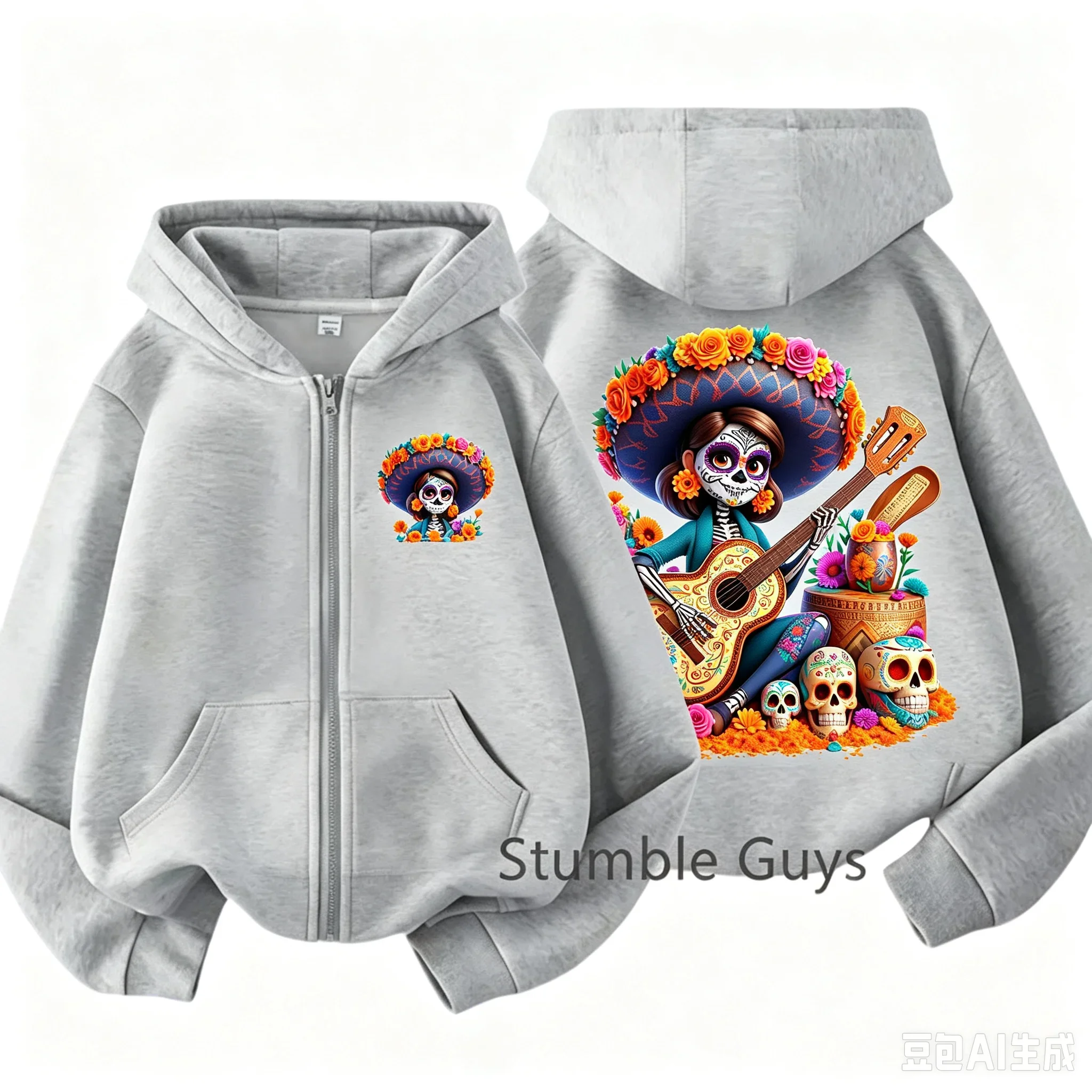 Kids Day Of The Dead Skeleton Zip Up Hoodie Double Sided Print Sugar Skull Guitar Floral Graphic Long Sleeve Hooded Outerwear