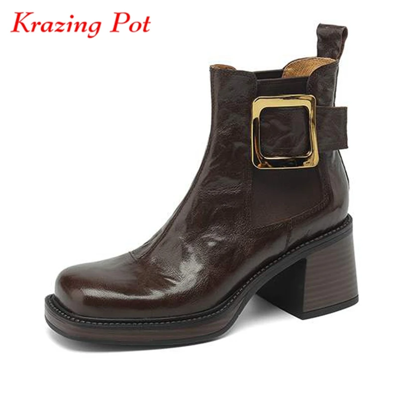 

Krazing Pot 2024 Sheep Leather Square Toe Winter Warm Modern Boots Thick High Heels Slip On Superstar Metal Buckle Ankle Boots