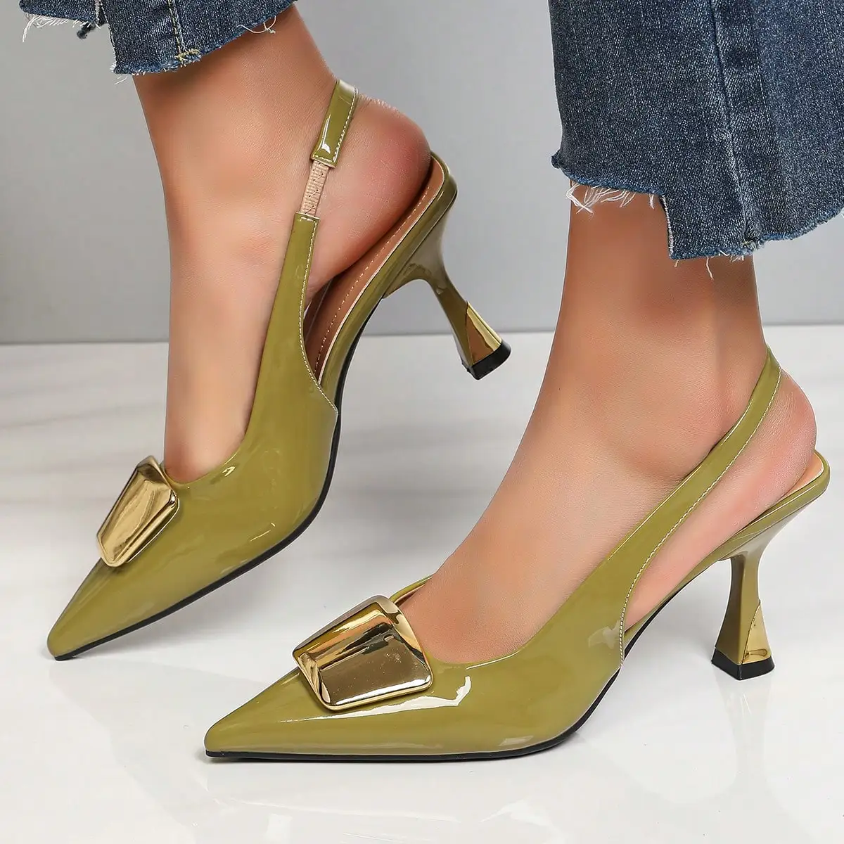 Elegant Women Closed Pointed-Toe Slingback Heels, Patent Leather Pumps with Stylish Square Buckle, Comfortable Versatile Formal Dress Shoes, Great for Office Business, Wedding Events, Dinner Party, Casual Wear and Summer Vacation view 2
