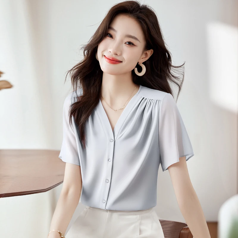 

Elegant V-Neck Shirt Women 2025 Summer Korean Fashion Women Clothing Loose Short Sleeve Blouses Single Breasted Shirts for Women