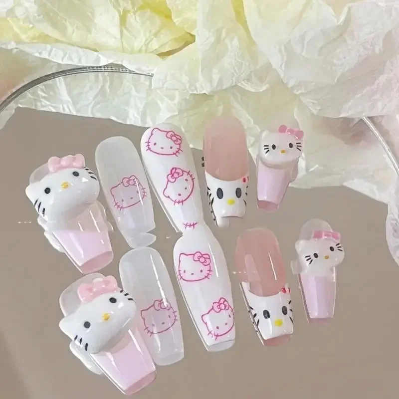 Miniso Sanrio Nail Art Patches, Bonito Anime Wearable Nails Decoração, Brinquedo acabado para menina, Acessórios para presente, Hello Kitty, Feito à mão