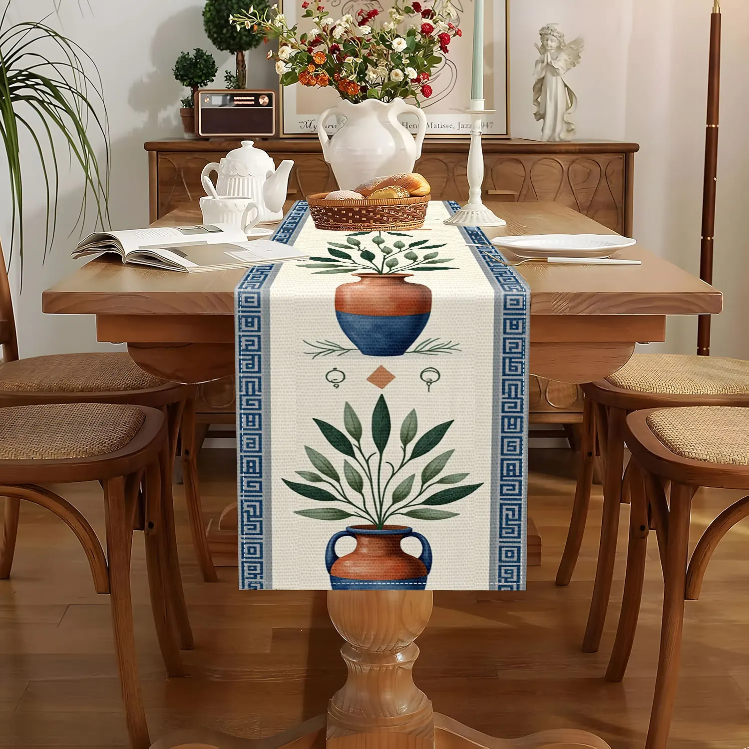 1 Greek-Style Clay Pot Plant-Themed Table Runner, Clay Pot with Green Plants and Geometric Patterns, Suitable for Greek Restaurants and Cultural Spaces