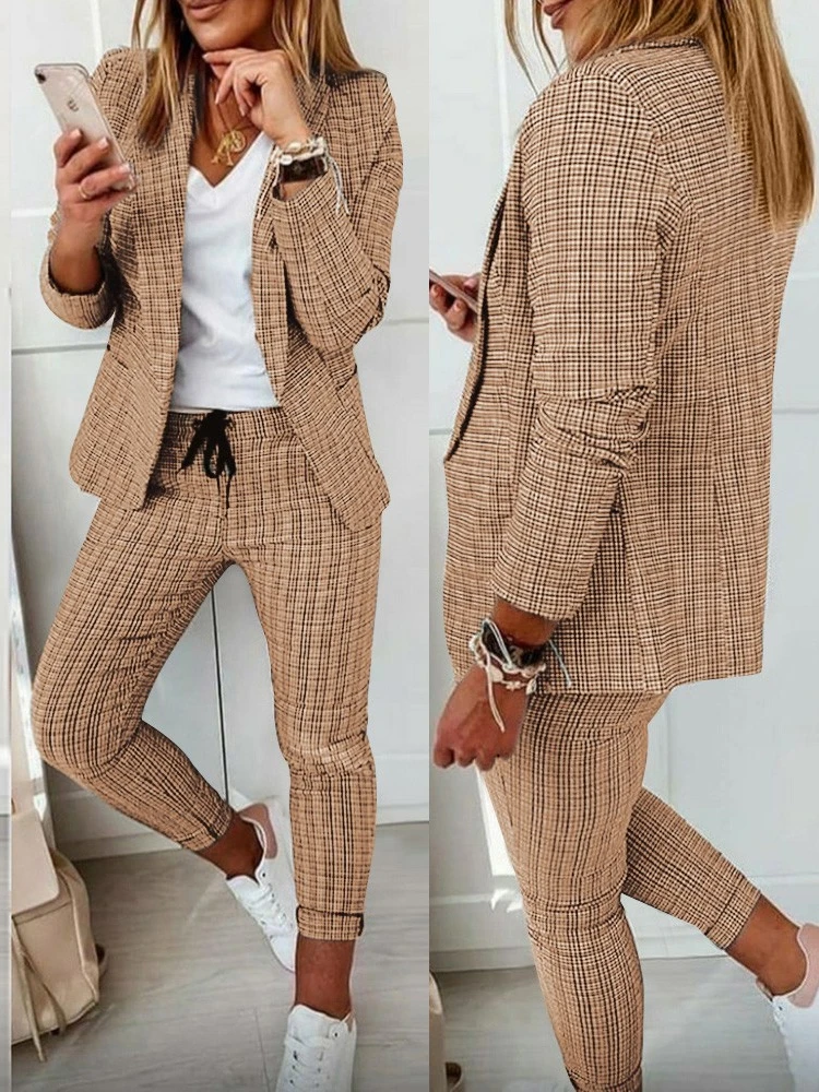 Woman Elegant Plaid Shirt Suit Long Sleeve Tops Blazer Trouses 2PCS Female Fashion OL Office Tracksuits Oversized