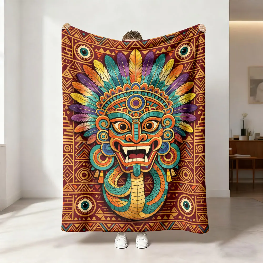 1pc Indian Maya Totem Print Flannel Blanket Soft Sofa Break Nap Blanket Machine Washable