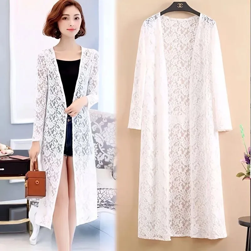 

Elegant Knitted Lace Cardigan Women Long Sweater Solid Cardigan 2025 Autumn Winter Crochet Loose Office Lady Long Coat