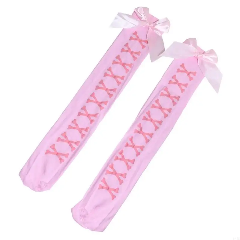 195E 할로윈 Bowknot 양말 여성용 허벅지 높은 양말 해골 인쇄 고딕 무릎 스타킹 이상 코스프레 의상 액세서리