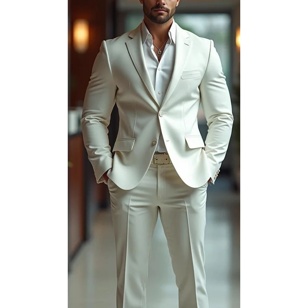 

Elegant Ivory White Single Breasted Men Suit Two Pieces(Jacket+Pants) Outfits Casual Party Prom Wedding Set