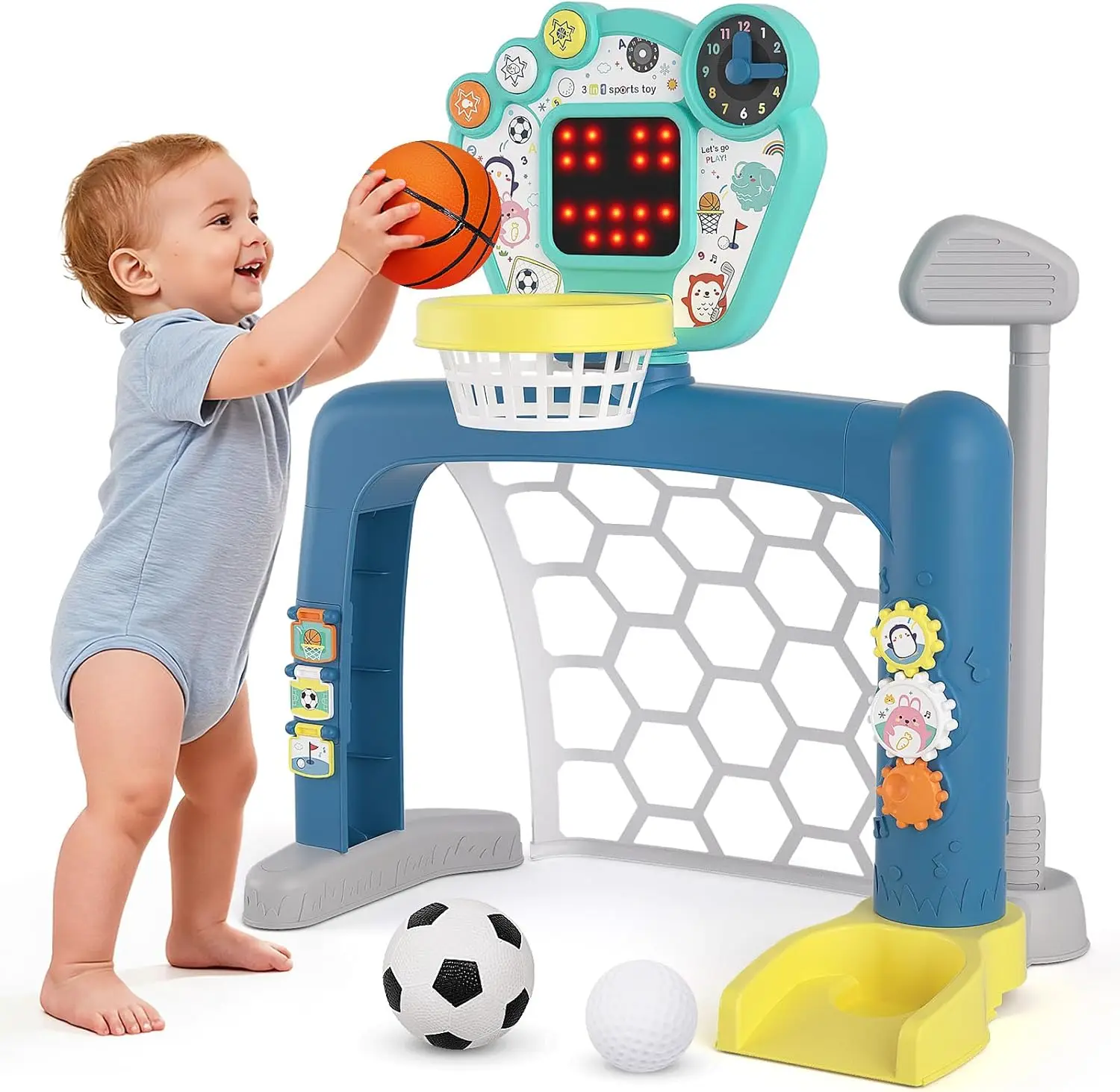 

3-in-1 Toddler Sports Activity Center with Basketball Hoop, Soccer, and Golf for Ages 1-3, Montessori-Inspired Play Toy