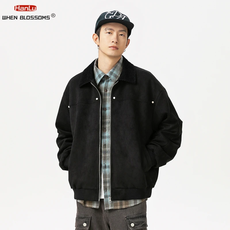 Men\'s Suede Jackets 2024 Autumn Retro Corduroy Lapel Zipper Pocket Windbreaker CoatsLuxury High Quality Y2k Overcoat Streetwear