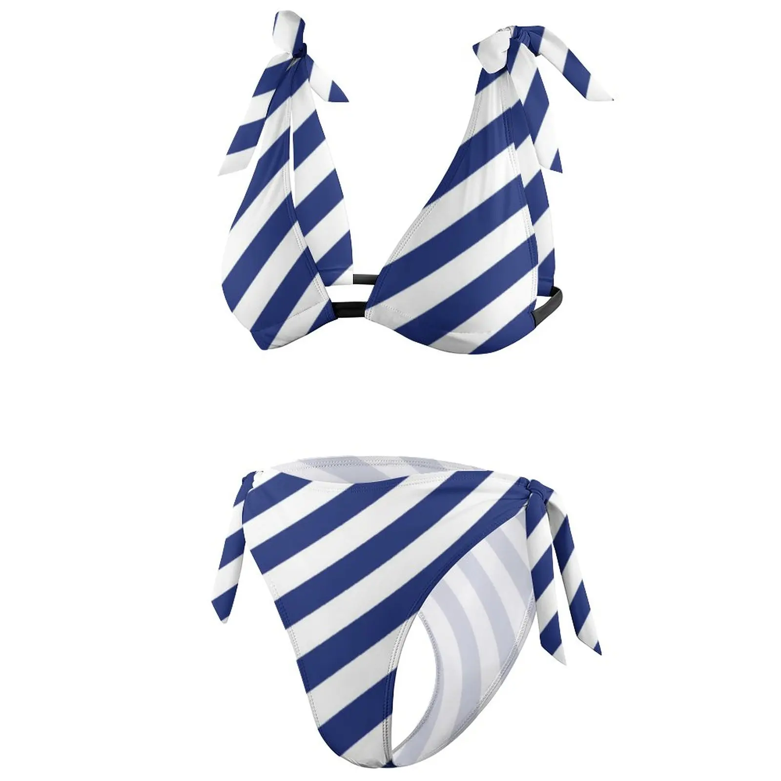 Marineblauwe Witte Nautische Bikini Set Sexy Diagonale Strepen Bikini Badpak Fitness Patroon Badmode Push-Up Stijlvolle Strandkleding