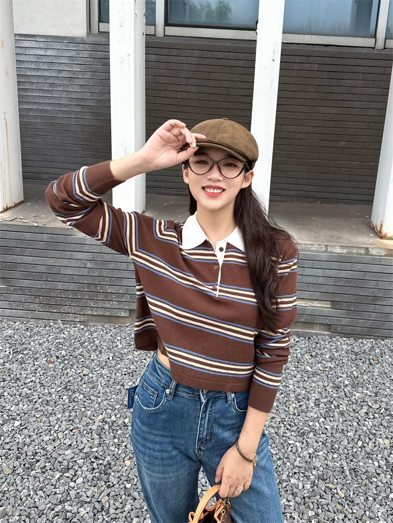 

Ретро High nce DA ранняя осень шелковый хлопок цвет Blo Ne Long Sve полосатый трикотаж футболка женский топ