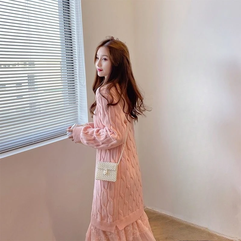 Vestido de punto para mujer, tendencia informal rosa, esencial, fresco, cómodo, ofertas de venta de liquidación, vestidos coreanos de ganchillo para mujer empalmado