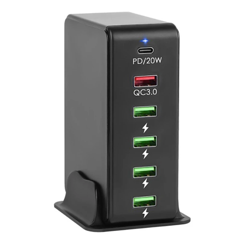 

Multi USB C Quick Charge QC3.0 Wall Charger 65W 6 Port Fast Desktop 20W PD Charging Station For Phone, EU Plug