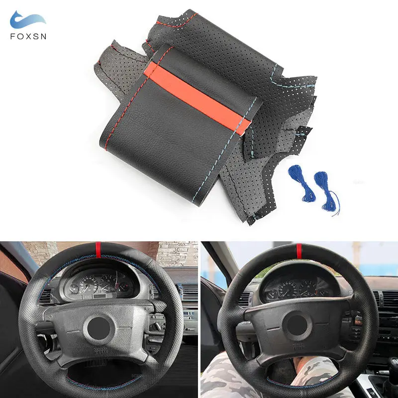 For BMW 3 5 Series E36 E46 E39 X3 E83 X5 E53 2000 Car Steering Wheel Leather Cover Decor Black - Red Blue Line With Red Strip