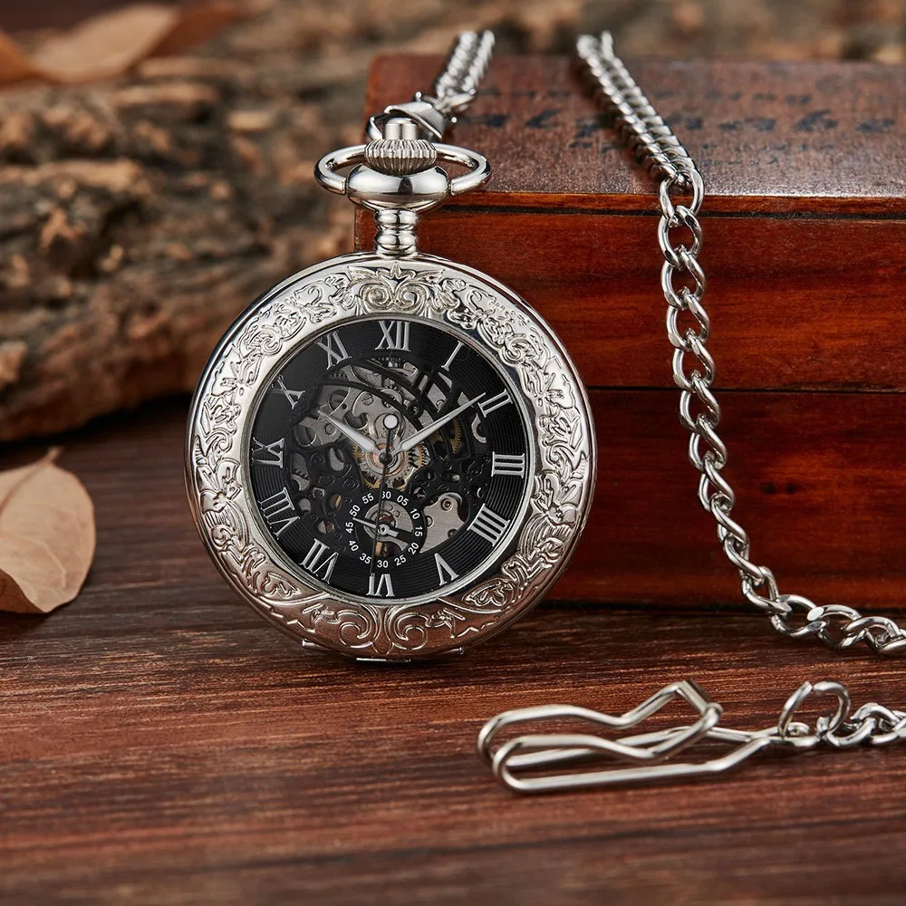 

Luxury Pocket Watch with Chain for Man Mechanical Skeleton Roman Numeral Quality Engraved Clock Pocket Watches for Women Lady
