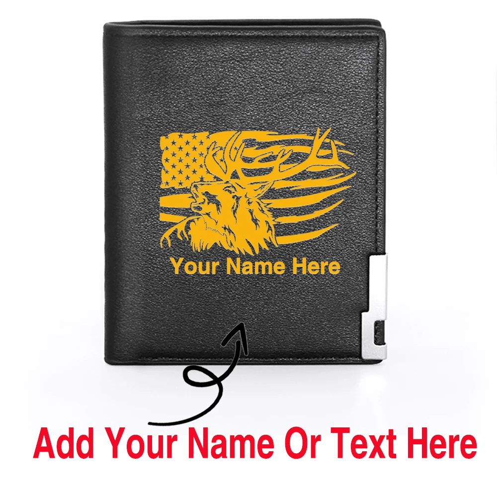 

Personalized American Flag Elk Customized Your Name Or Text PU Short Wallet, Funny Men's Card Holder Funny Your Own Desig Purse