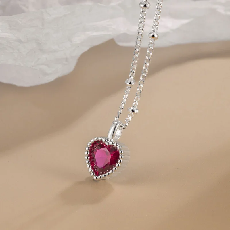 925 Sterling Silver Mini Heart Red Corundum Pendant Necklaces For Women Silver 925 Female Chokers Jewelry Collares Para Mujer