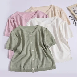 Women Summer Casual Single Breasted O-neck Solid Cardigan Short Sleeved Sweet Hollow Out Thin Top Wave Edge Pleated Knit T-shirt