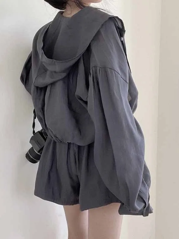 Chic Retro Hooded Loose Sun Protection Jacket Waist-Cinching Shorts Two-Piece Set Korean Style Spring Autumn Winter Women's Wear
