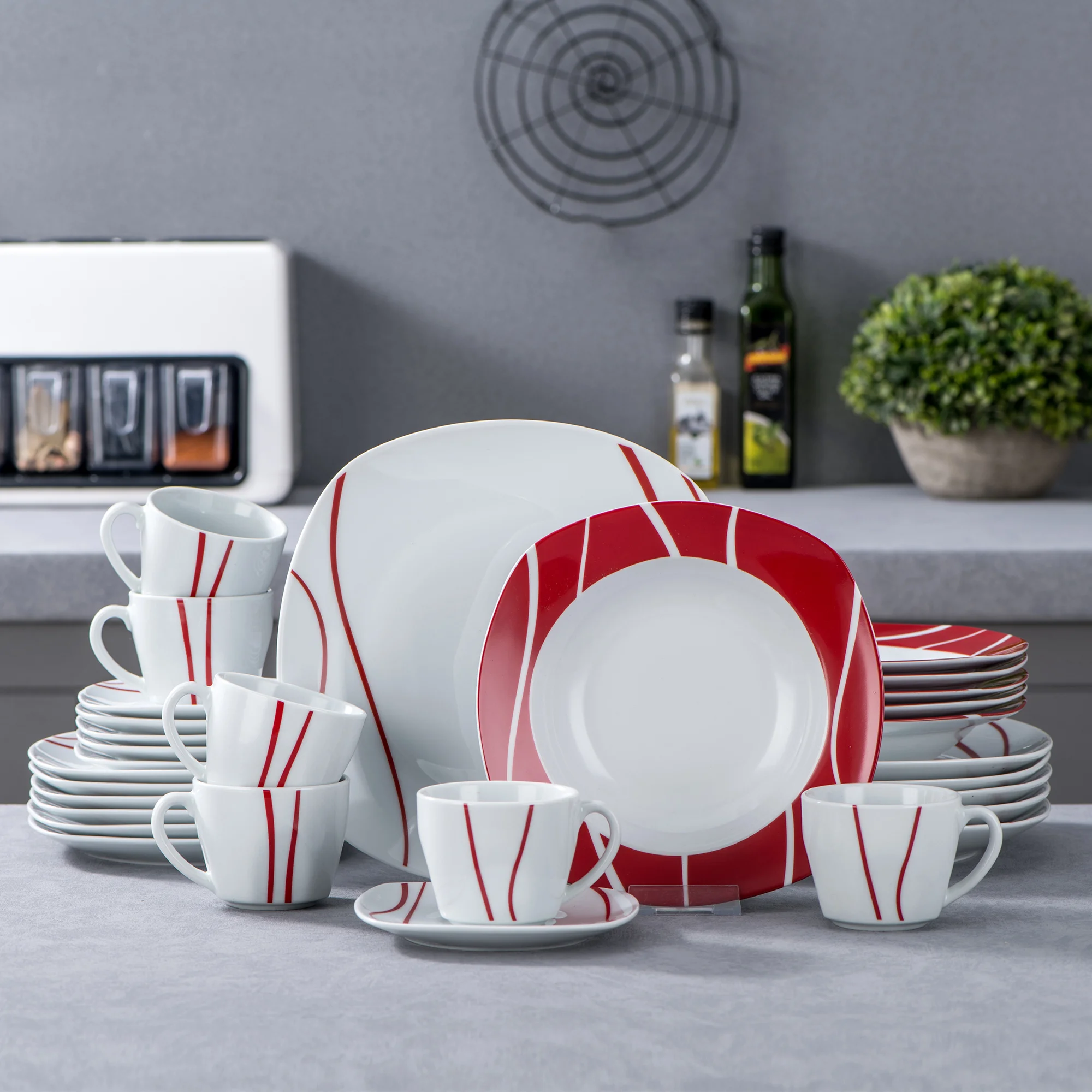 

Modern Dinnerware for Six, Featuring 30pcs of Square Porcelain in Gray And White with a Red Rim